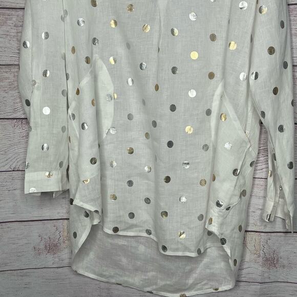For Cynthia Beach 100% Linen White & Gold Dot Semi Sheer Pullover Size Medium - Picture 7 of 12